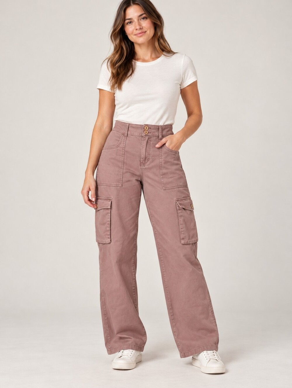 Wide-Leg Cargo Pants in Dusty Rose